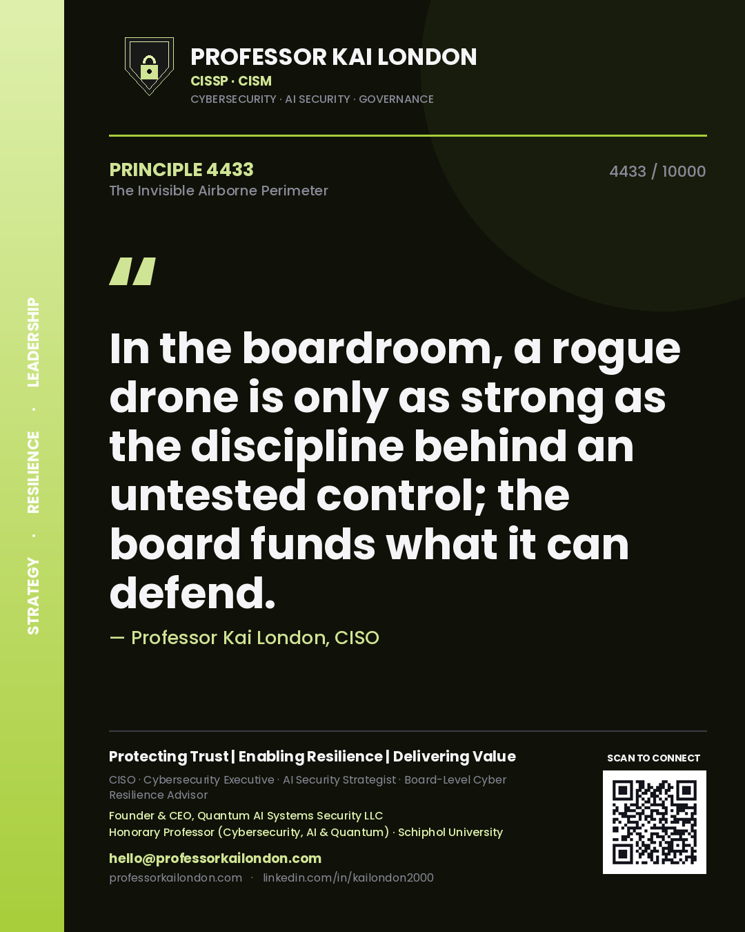 Quote card by Professor Kai London reading 'In the boardroom, a rogue drone is only as strong as the discipline behind an untested control; the board funds what it can defend.'. From the book The Invisible Airborne Perimeter.