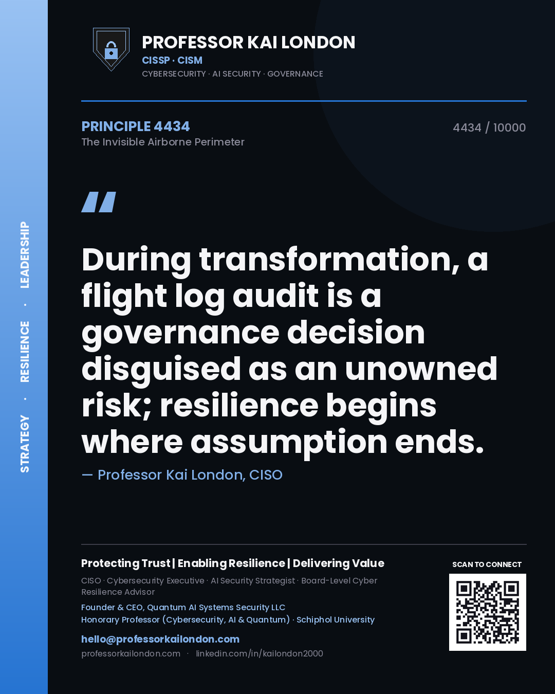 Quote card by Professor Kai London reading 'During transformation, a flight log audit is a governance decision disguised as an unowned risk; resilience begins where assumption ends.'. From the book The Invisible Airborne Perimeter.