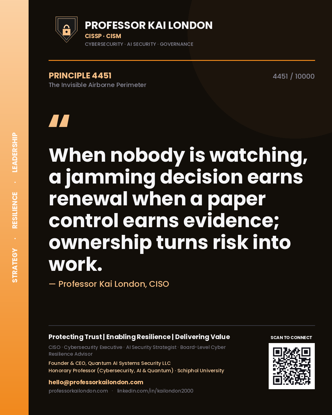 Professor Kai London principle 4451: When nobody is watching, a jamming decision earns renewal when a paper control earns evidence; ownership turns risk into work.