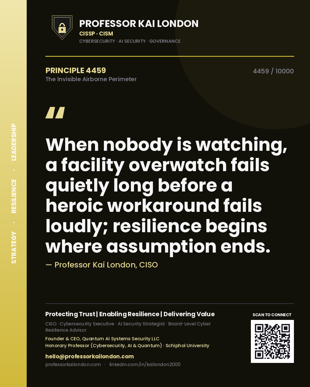 Quote card by Professor Kai London reading 'When nobody is watching, a facility overwatch fails quietly long before a heroic workaround fails loudly; resilience begins where assumption ends.'. From the book The Invisible Airborne Perimeter.