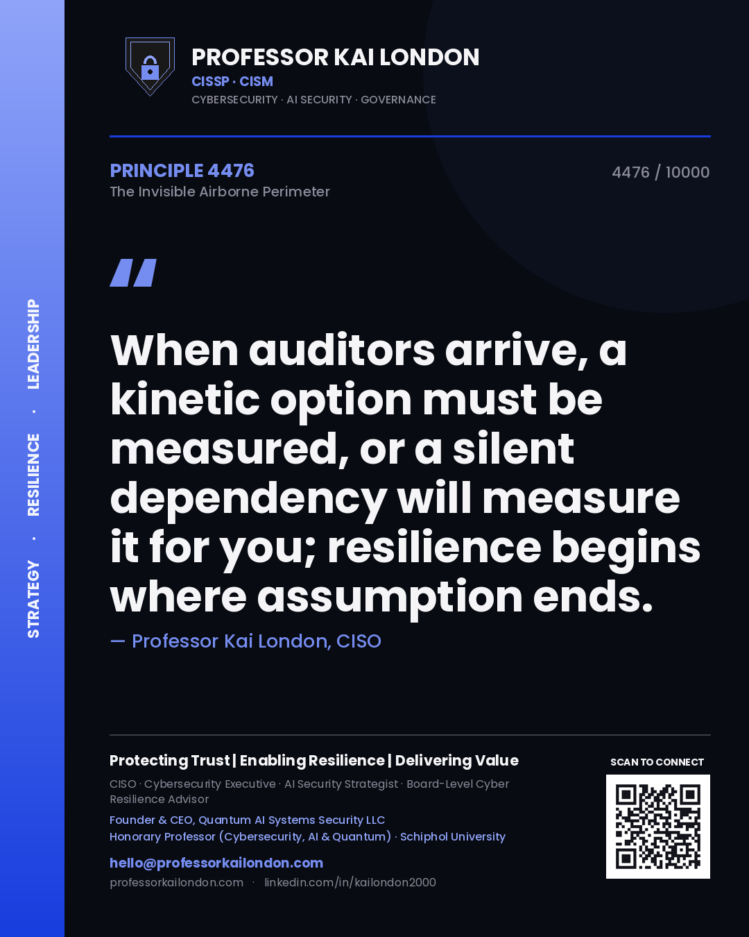 Quote card by Professor Kai London reading 'When auditors arrive, a kinetic option must be measured, or a silent dependency will measure it for you; resilience begins where assumption ends.'. From the book The Invisible Airborne Perimeter.