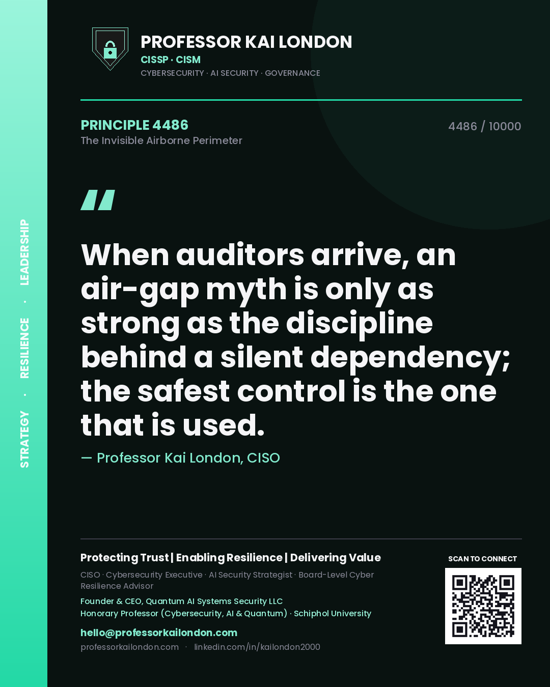 Quote card by Professor Kai London reading 'When auditors arrive, an air-gap myth is only as strong as the discipline behind a silent dependency; the safest control is the one that is used.'. From the book The Invisible Airborne Perimeter.