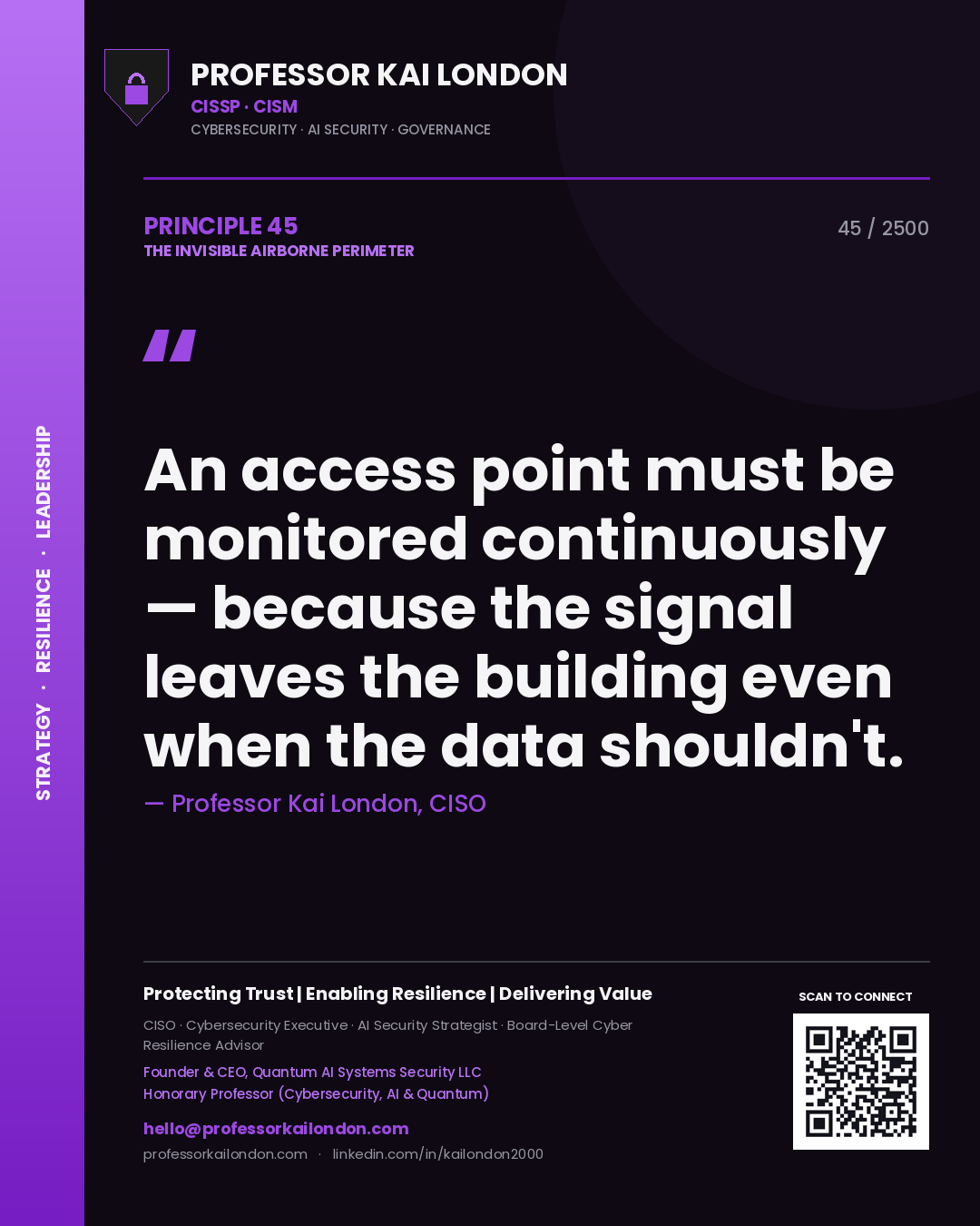 Quote card by Professor Kai London reading 'An access point must be monitored continuously — because the signal leaves the building even when the data shouldn't.'. From the book The Invisible Airborne Perimeter.