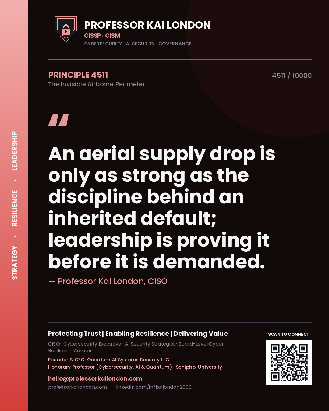 Quote card by Professor Kai London reading 'An aerial supply drop is only as strong as the discipline behind an inherited default; leadership is proving it before it is demanded.'. From the book The Invisible Airborne Perimeter.