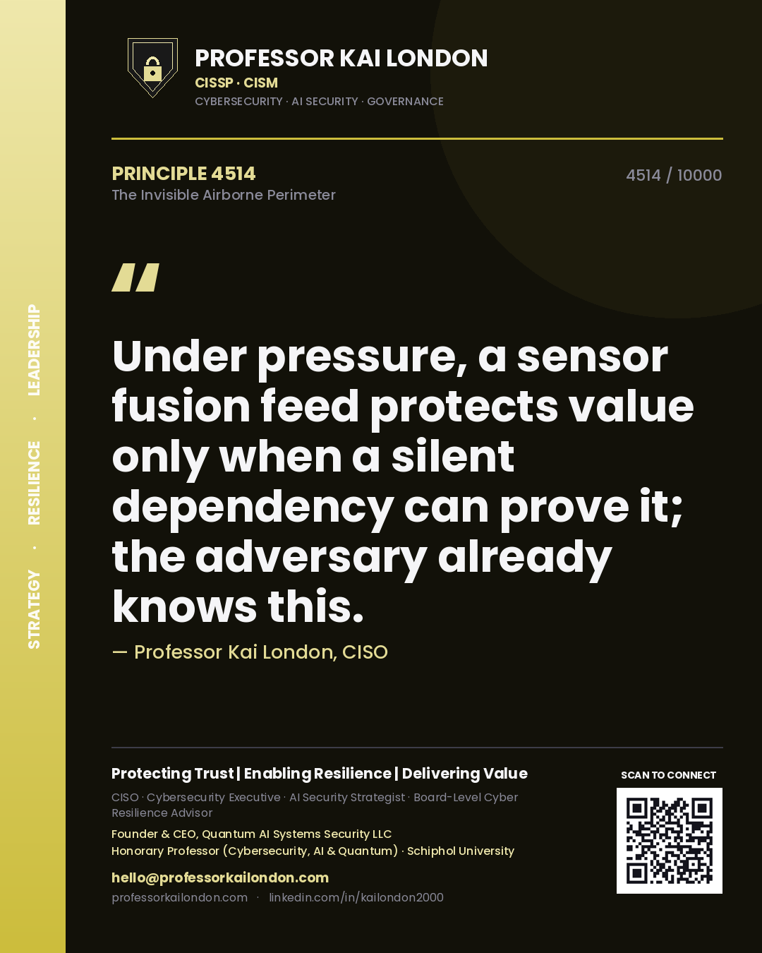 Quote card by Professor Kai London reading 'Under pressure, a sensor fusion feed protects value only when a silent dependency can prove it; the adversary already knows this.'. From the book The Invisible Airborne Perimeter.