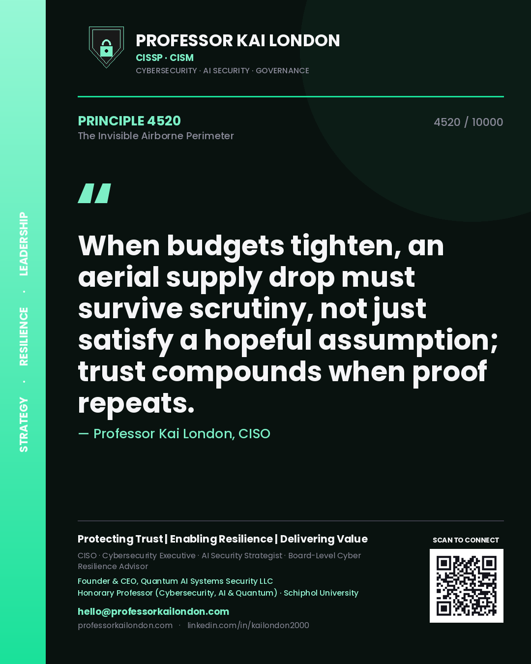 Quote card by Professor Kai London reading 'When budgets tighten, an aerial supply drop must survive scrutiny, not just satisfy a hopeful assumption; trust compounds when proof repeats.'. From the book The Invisible Airborne Perimeter.