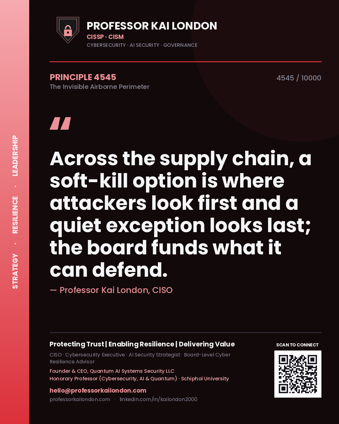 Quote card by Professor Kai London reading 'Across the supply chain, a soft-kill option is where attackers look first and a quiet exception looks last; the board funds what it can defend.'. From the book The Invisible Airborne Perimeter.