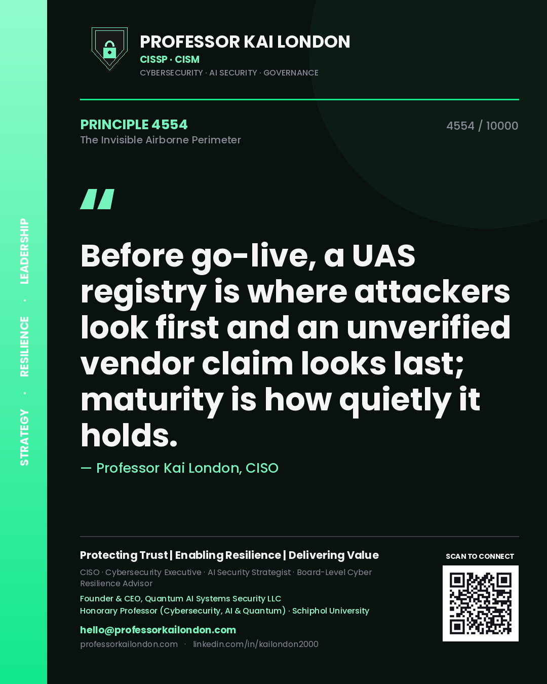 Quote card by Professor Kai London reading 'Before go-live, a UAS registry is where attackers look first and an unverified vendor claim looks last; maturity is how quietly it holds.'. From the book The Invisible Airborne Perimeter.