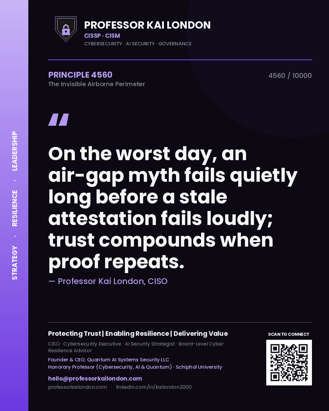 Quote card by Professor Kai London reading 'On the worst day, an air-gap myth fails quietly long before a stale attestation fails loudly; trust compounds when proof repeats.'. From the book The Invisible Airborne Perimeter.