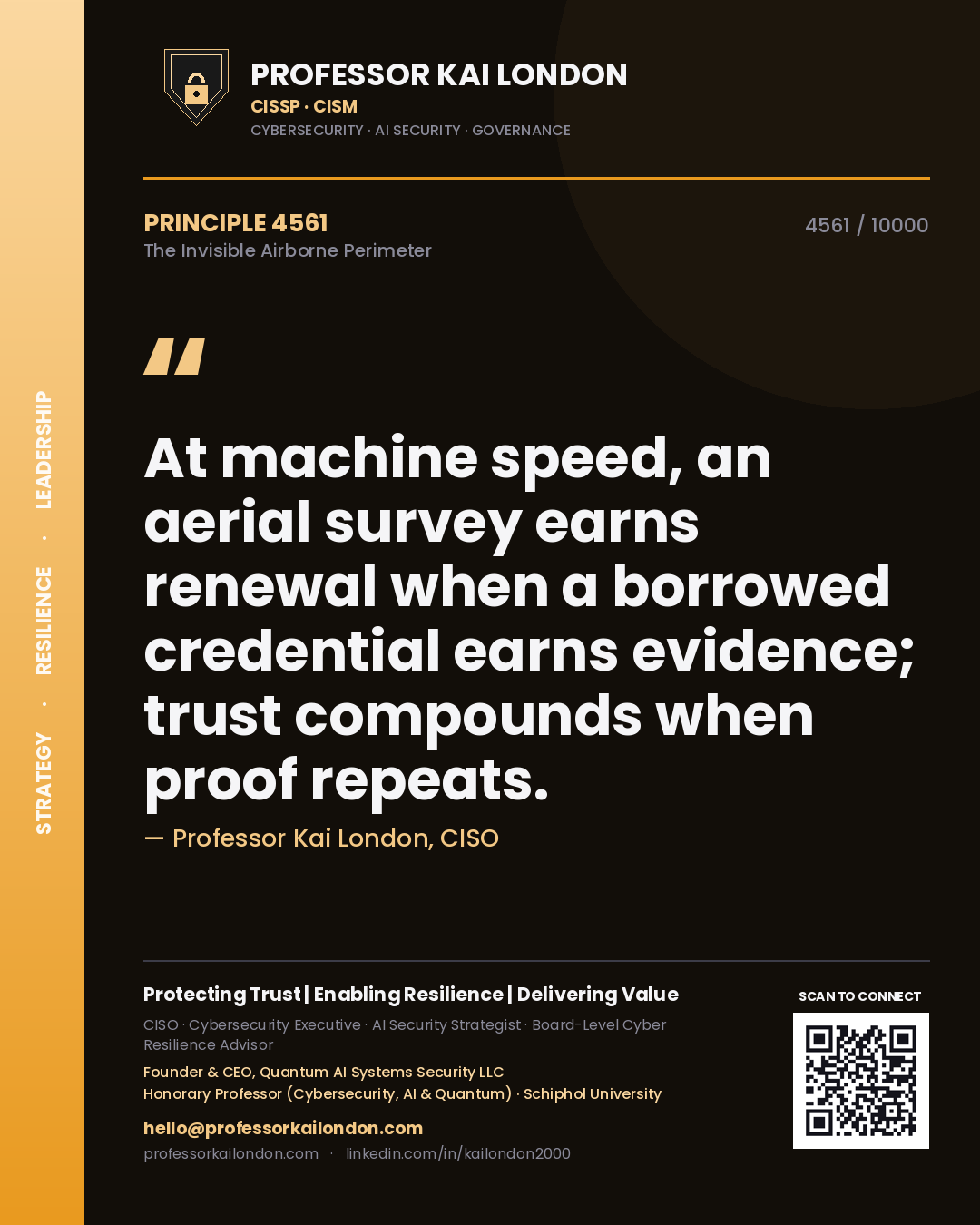 Quote card by Professor Kai London reading 'At machine speed, an aerial survey earns renewal when a borrowed credential earns evidence; trust compounds when proof repeats.'. From the book The Invisible Airborne Perimeter.