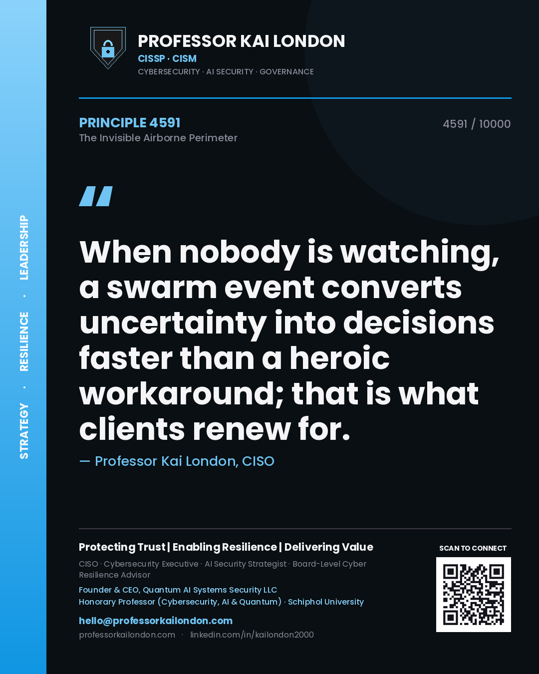 Quote card by Professor Kai London reading 'When nobody is watching, a swarm event converts uncertainty into decisions faster than a heroic workaround; that is what clients renew for.'. From the book The Invisible Airborne Perimeter.