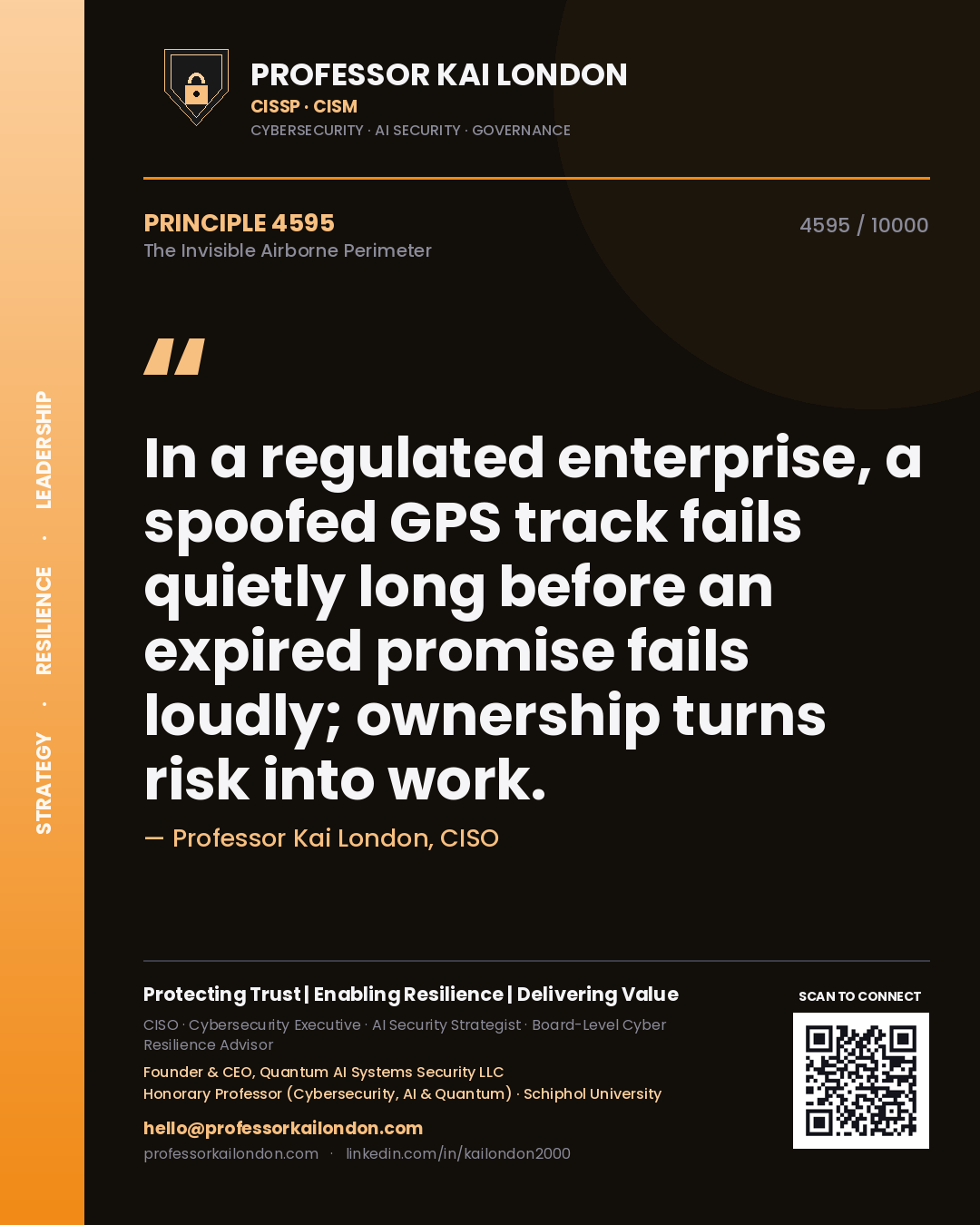 Quote card by Professor Kai London reading 'In a regulated enterprise, a spoofed GPS track fails quietly long before an expired promise fails loudly; ownership turns risk into work.'. From the book The Invisible Airborne Perimeter.