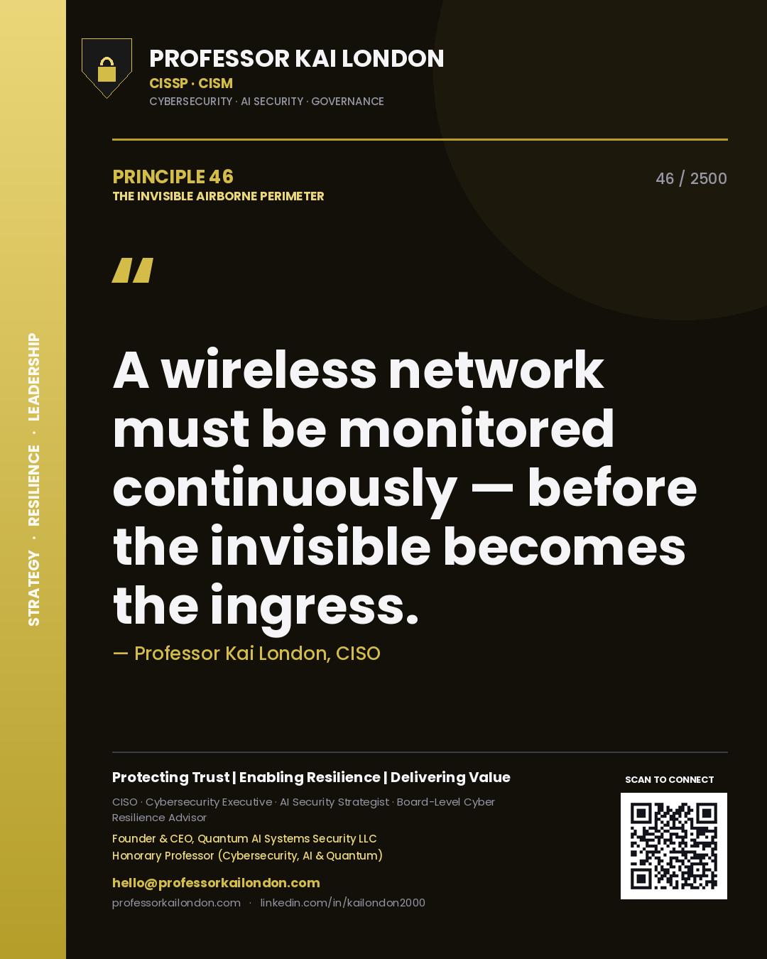 Quote card by Professor Kai London reading 'A wireless network must be monitored continuously — before the invisible becomes the ingress.'. From the book The Invisible Airborne Perimeter.