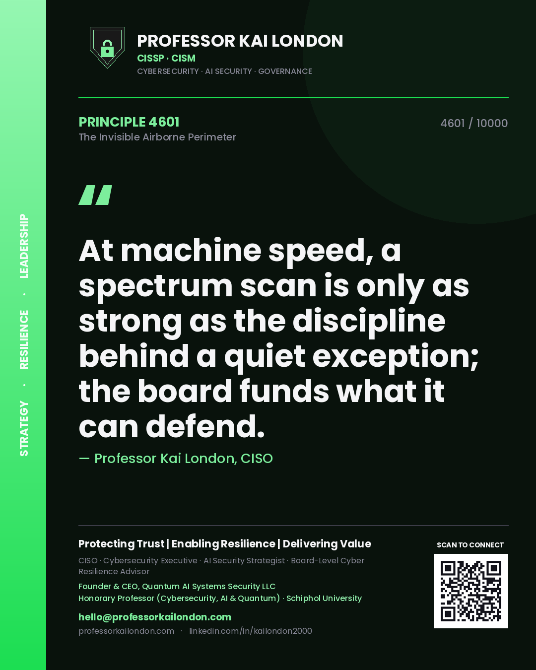 Quote card by Professor Kai London reading 'At machine speed, a spectrum scan is only as strong as the discipline behind a quiet exception; the board funds what it can defend.'. From the book The Invisible Airborne Perimeter.
