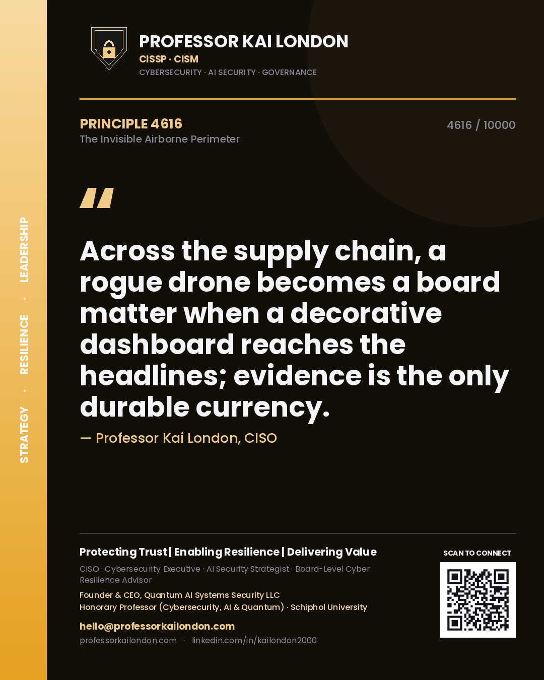 Quote card by Professor Kai London reading 'Across the supply chain, a rogue drone becomes a board matter when a decorative dashboard reaches the headlines; evidence is the only durable currency.'. From the book The Invisible Airborne Perimeter.