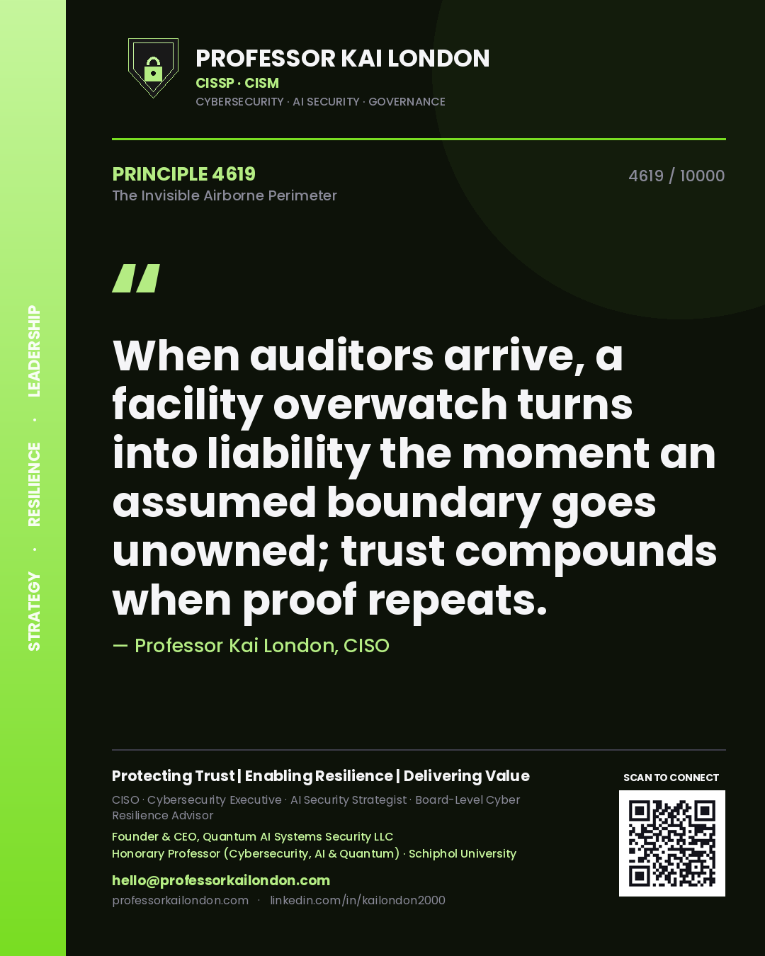 Quote card by Professor Kai London reading 'When auditors arrive, a facility overwatch turns into liability the moment an assumed boundary goes unowned; trust compounds when proof repeats.'. From the book The Invisible Airborne Perimeter.