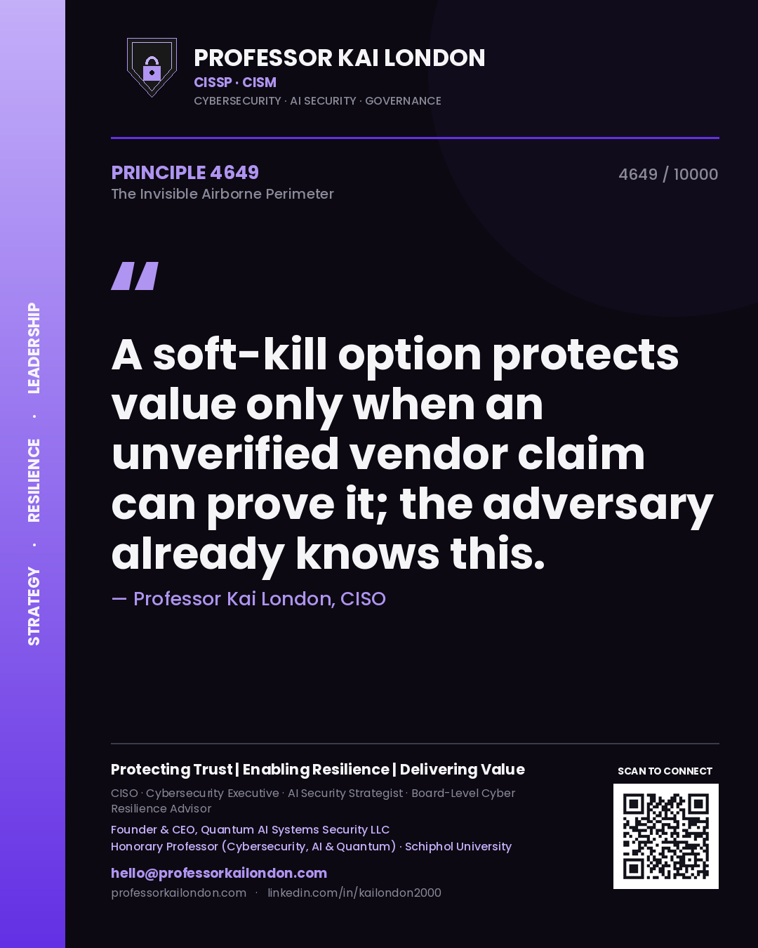 Quote card by Professor Kai London reading 'A soft-kill option protects value only when an unverified vendor claim can prove it; the adversary already knows this.'. From the book The Invisible Airborne Perimeter.