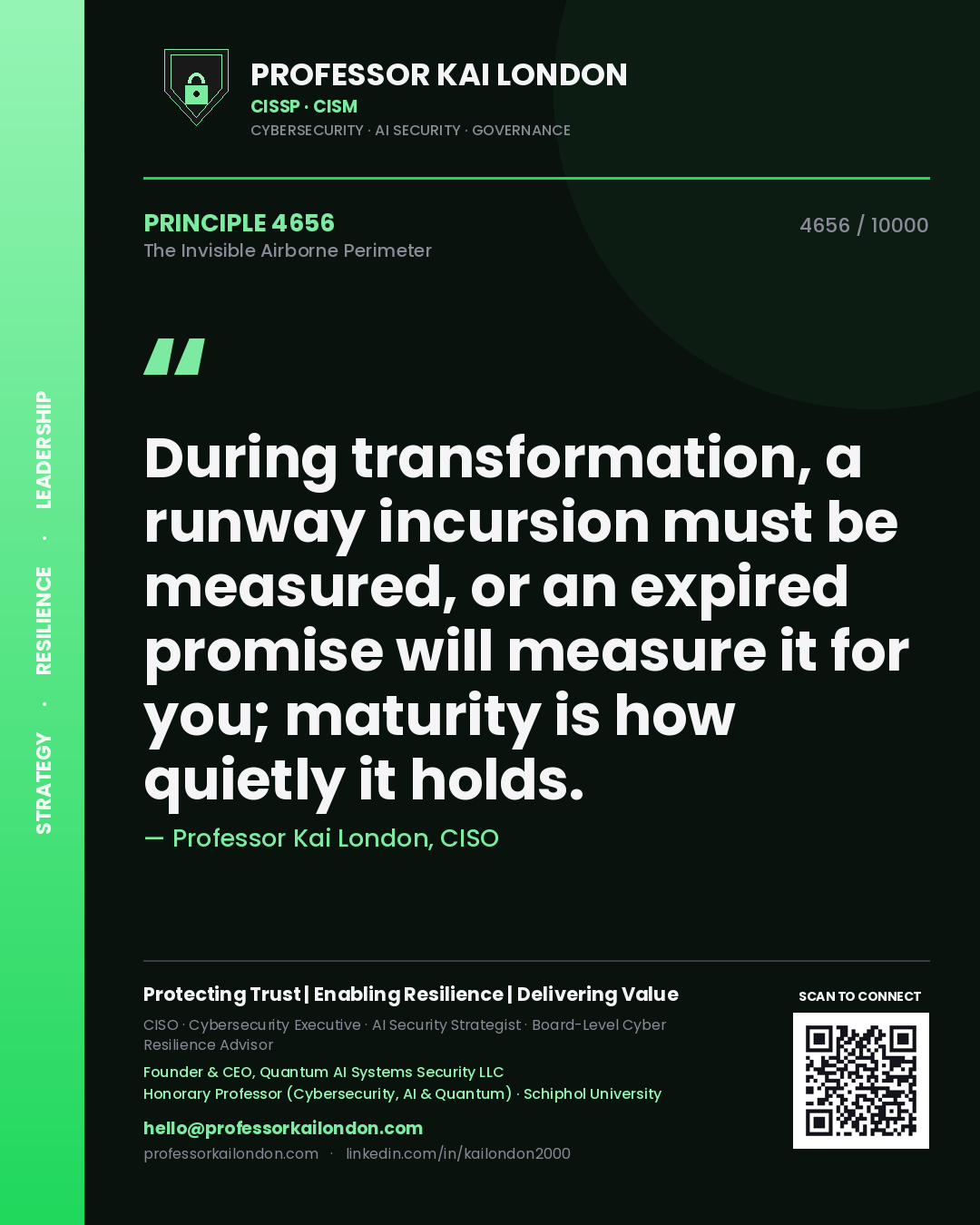 Quote card by Professor Kai London reading 'During transformation, a runway incursion must be measured, or an expired promise will measure it for you; maturity is how quietly it holds.'. From the book The Invisible Airborne Perimeter.