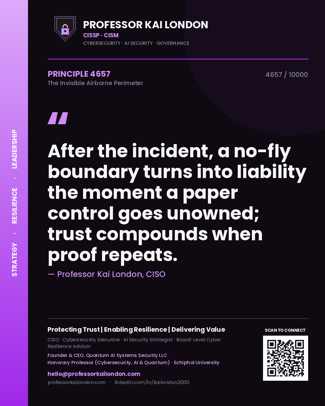 Professor Kai London principle 4657: After the incident, a no-fly boundary turns into liability the moment a paper control goes unowned; trust compounds when proof repeats.