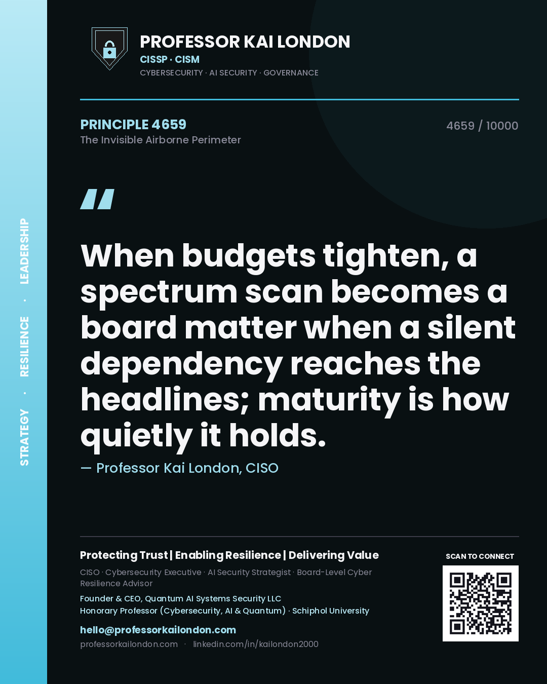 Quote card by Professor Kai London reading 'When budgets tighten, a spectrum scan becomes a board matter when a silent dependency reaches the headlines; maturity is how quietly it holds.'. From the book The Invisible Airborne Perimeter.