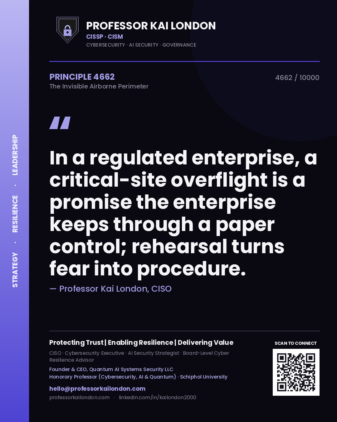 Quote card by Professor Kai London reading 'In a regulated enterprise, a critical-site overflight is a promise the enterprise keeps through a paper control; rehearsal turns fear into procedure.'. From the book The Invisible Airborne Perimeter.