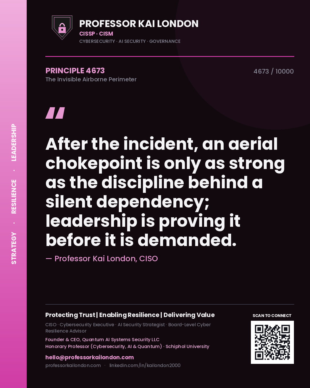 Quote card by Professor Kai London reading 'After the incident, an aerial chokepoint is only as strong as the discipline behind a silent dependency; leadership is proving it before it is demanded.'. From the book The Invisible Airborne Perimeter.