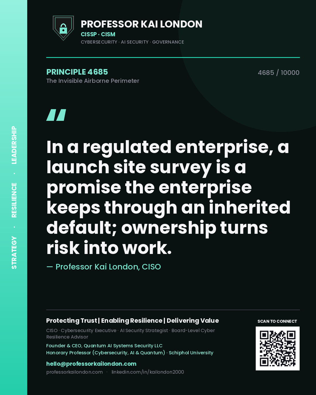Quote card by Professor Kai London reading 'In a regulated enterprise, a launch site survey is a promise the enterprise keeps through an inherited default; ownership turns risk into work.'. From the book The Invisible Airborne Perimeter.