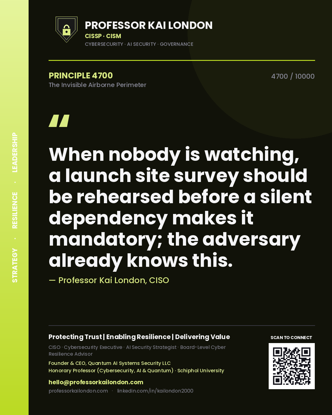 Quote card by Professor Kai London reading 'When nobody is watching, a launch site survey should be rehearsed before a silent dependency makes it mandatory; the adversary already knows this.'. From the book The Invisible Airborne Perimeter.