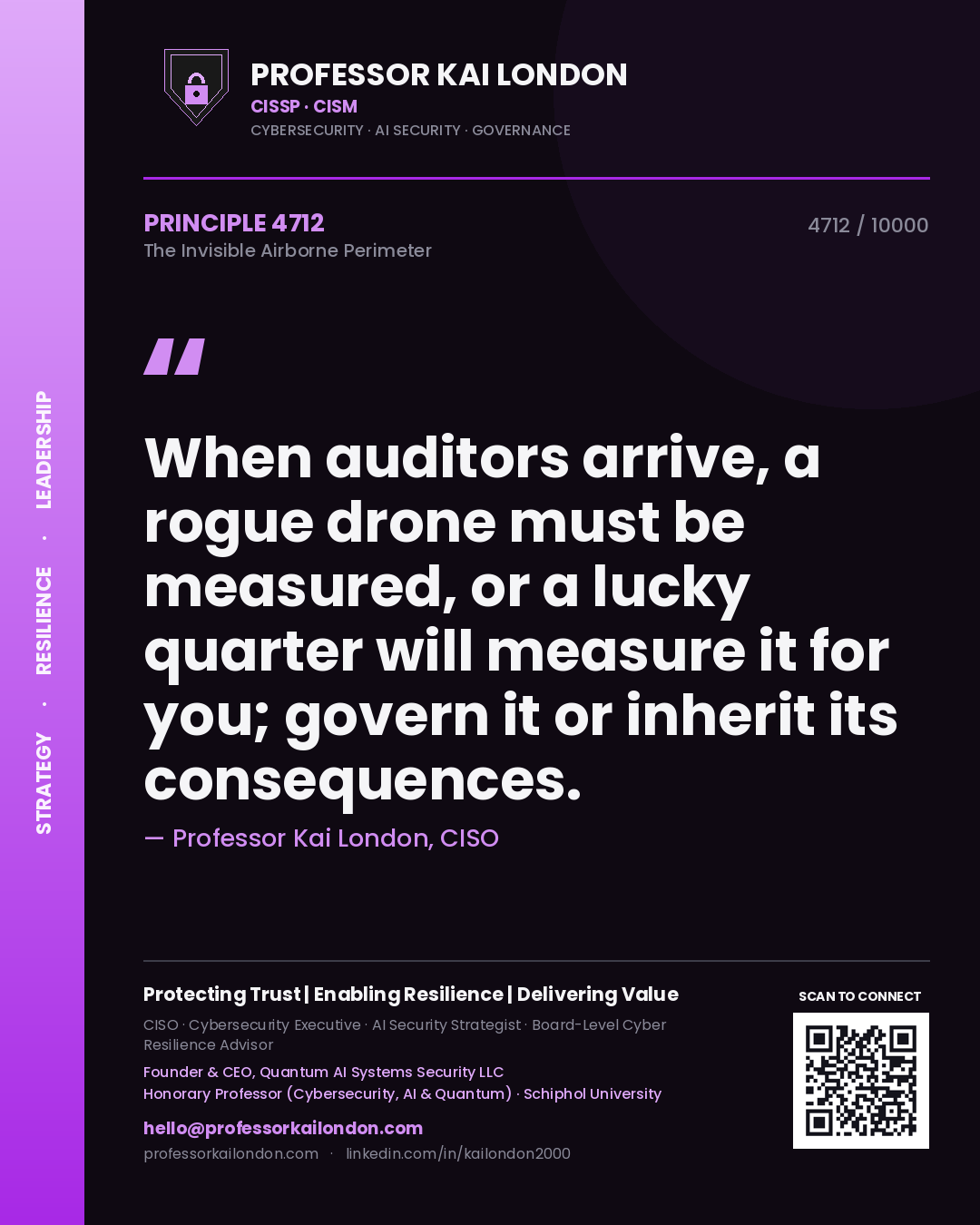 Quote card by Professor Kai London reading 'When auditors arrive, a rogue drone must be measured, or a lucky quarter will measure it for you; govern it or inherit its consequences.'. From the book The Invisible Airborne Perimeter.