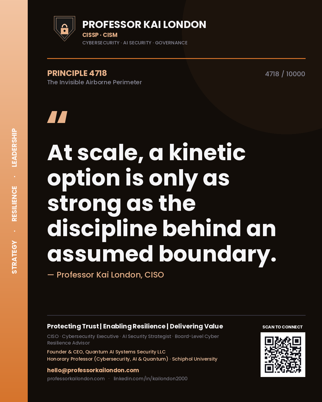 Quote card by Professor Kai London reading 'At scale, a kinetic option is only as strong as the discipline behind an assumed boundary.'. From the book The Invisible Airborne Perimeter.