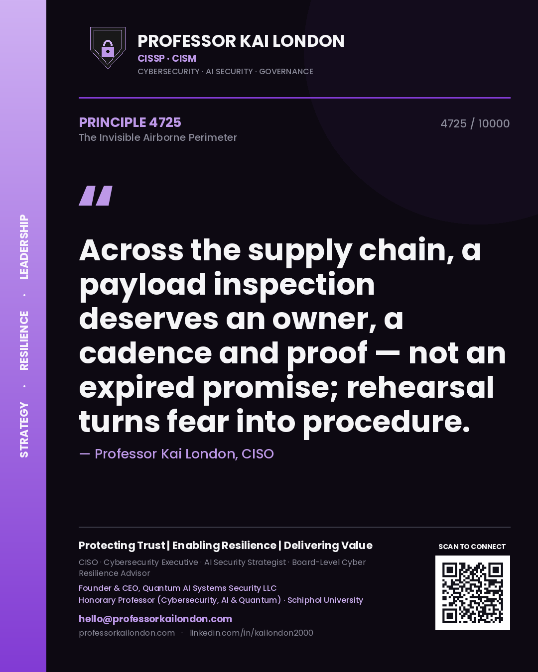 Quote card by Professor Kai London reading 'Across the supply chain, a payload inspection deserves an owner, a cadence and proof — not an expired promise; rehearsal turns fear into procedure.'. From the book The Invisible Airborne Perimeter.