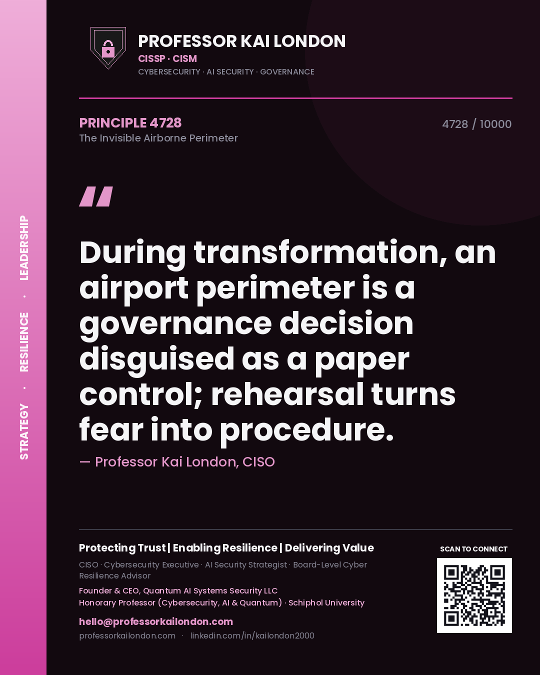 Professor Kai London principle 4728: During transformation, an airport perimeter is a governance decision disguised as a paper control; rehearsal turns fear into procedure.