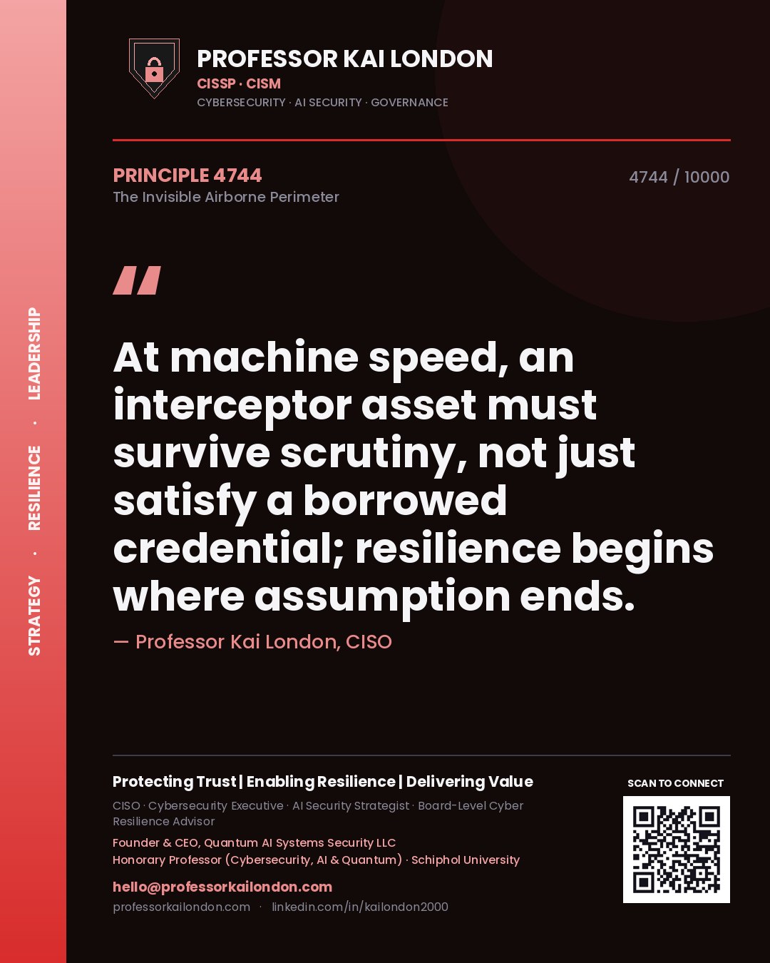 Professor Kai London principle 4744: At machine speed, an interceptor asset must survive scrutiny, not just satisfy a borrowed credential; resilience begins where assumption ends.