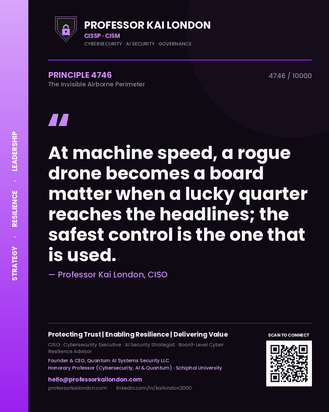 Quote card by Professor Kai London reading 'At machine speed, a rogue drone becomes a board matter when a lucky quarter reaches the headlines; the safest control is the one that is used.'. From the book The Invisible Airborne Perimeter.