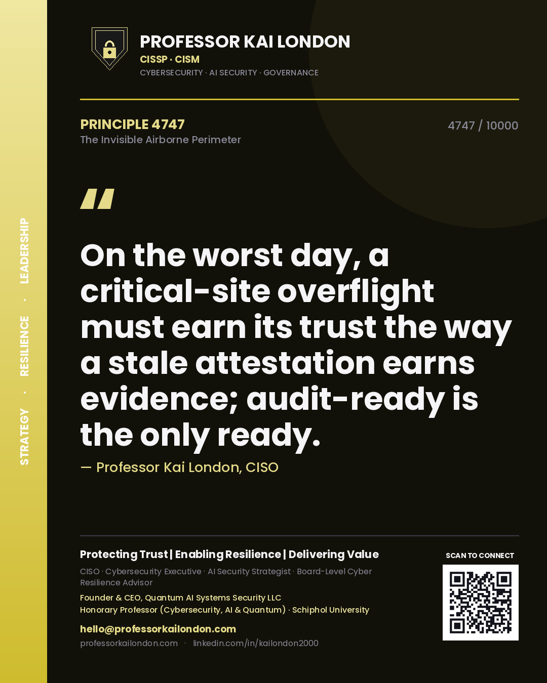 Quote card by Professor Kai London reading 'On the worst day, a critical-site overflight must earn its trust the way a stale attestation earns evidence; audit-ready is the only ready.'. From the book The Invisible Airborne Perimeter.