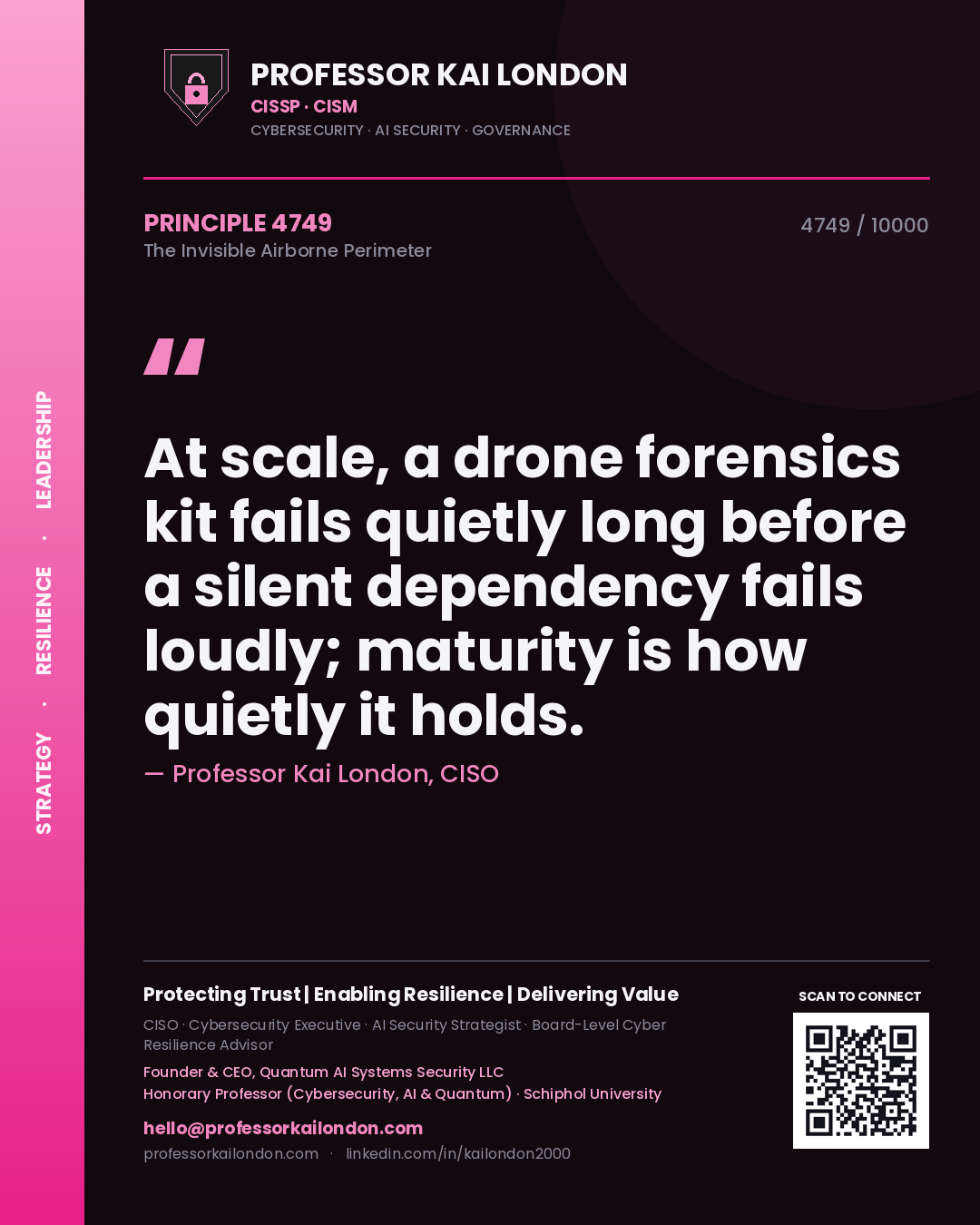 Quote card by Professor Kai London reading 'At scale, a drone forensics kit fails quietly long before a silent dependency fails loudly; maturity is how quietly it holds.'. From the book The Invisible Airborne Perimeter.