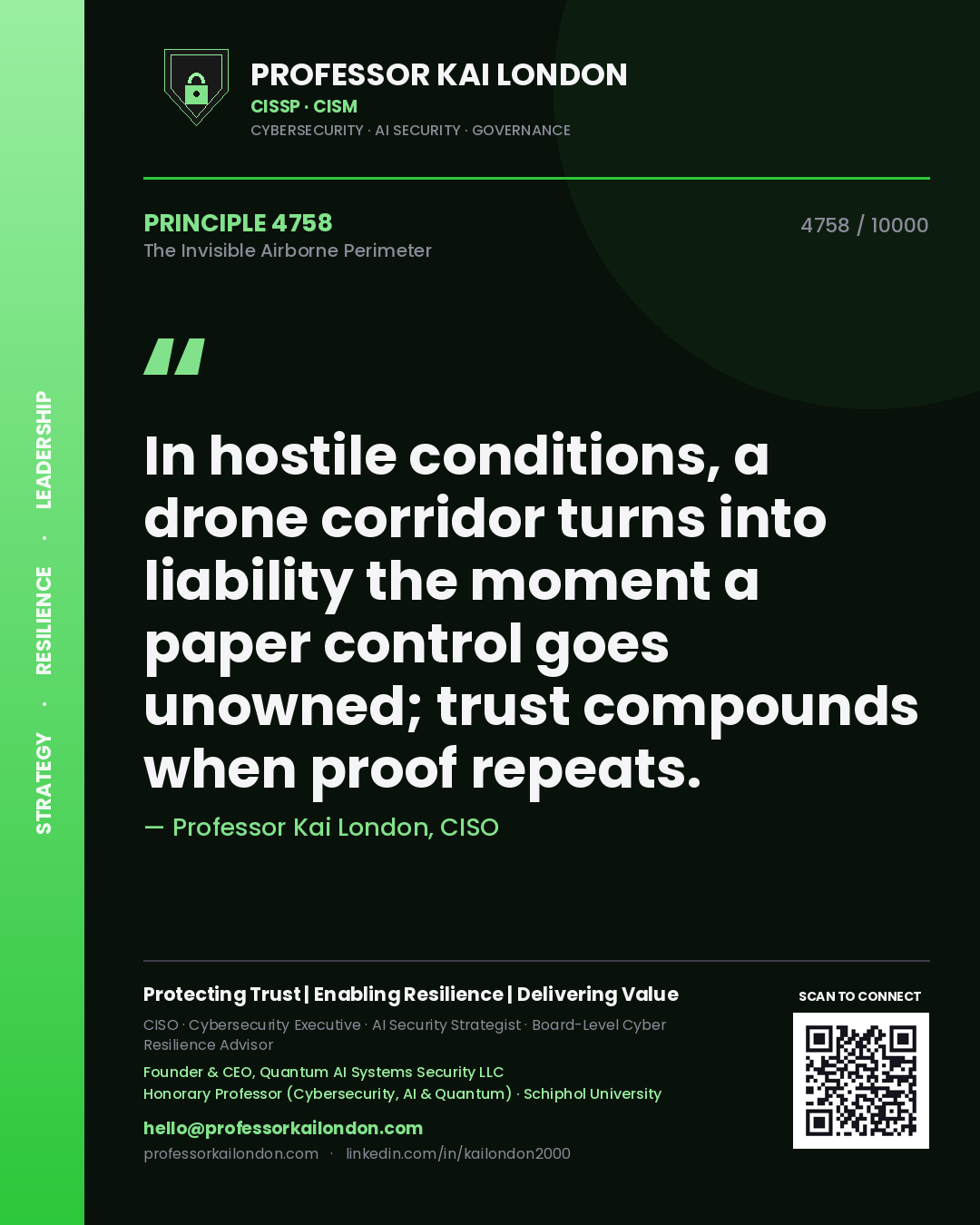 Quote card by Professor Kai London reading 'In hostile conditions, a drone corridor turns into liability the moment a paper control goes unowned; trust compounds when proof repeats.'. From the book The Invisible Airborne Perimeter.