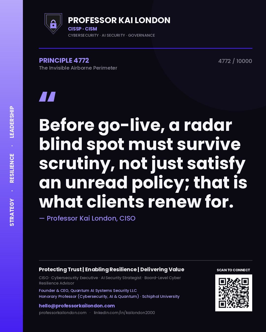 Professor Kai London principle 4772: Before go-live, a radar blind spot must survive scrutiny, not just satisfy an unread policy; that is what clients renew for.