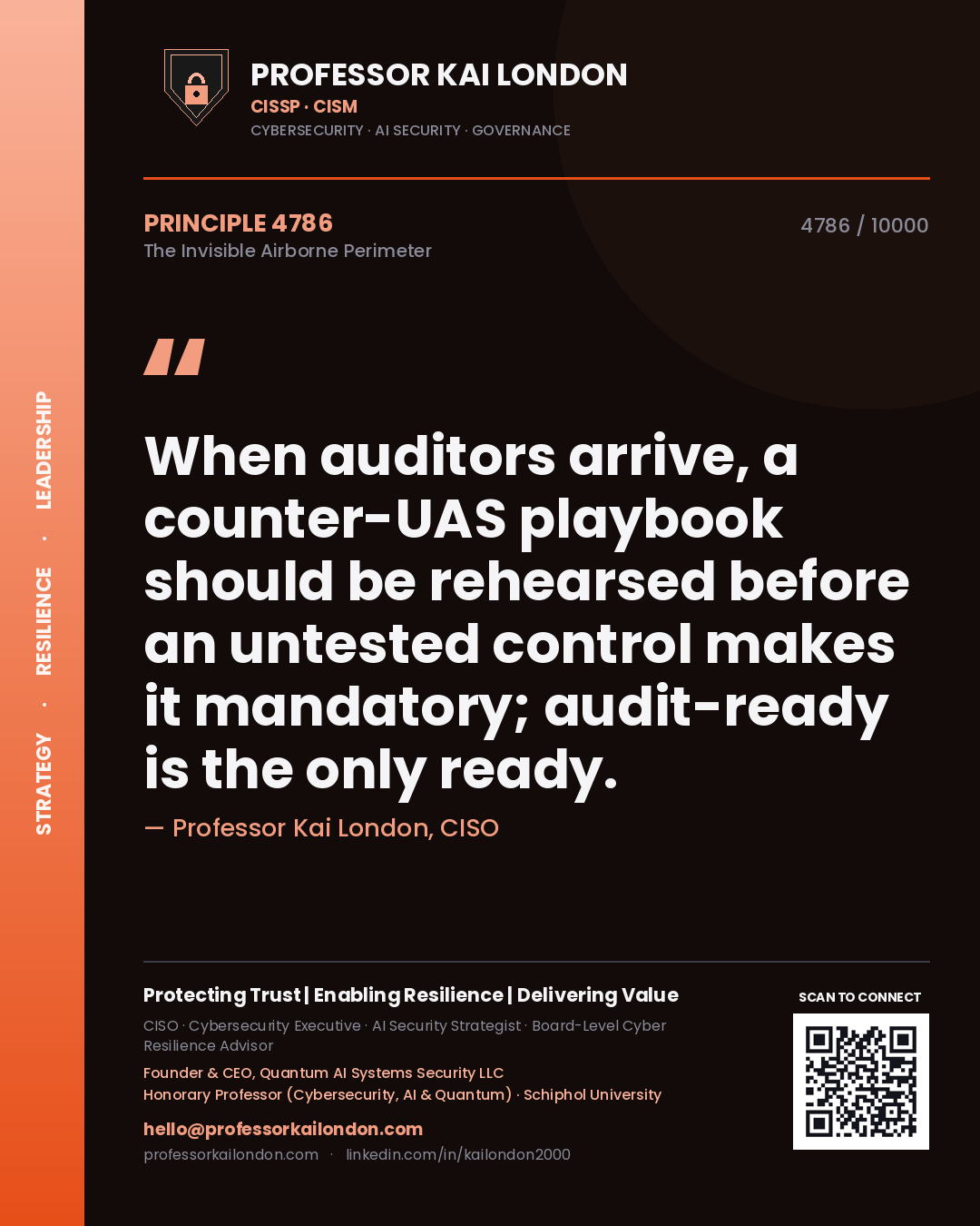 Quote card by Professor Kai London reading 'When auditors arrive, a counter-UAS playbook should be rehearsed before an untested control makes it mandatory; audit-ready is the only ready.'. From the book The Invisible Airborne Perimeter.