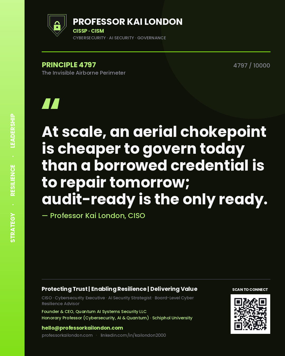 Quote card by Professor Kai London reading 'At scale, an aerial chokepoint is cheaper to govern today than a borrowed credential is to repair tomorrow; audit-ready is the only ready.'. From the book The Invisible Airborne Perimeter.
