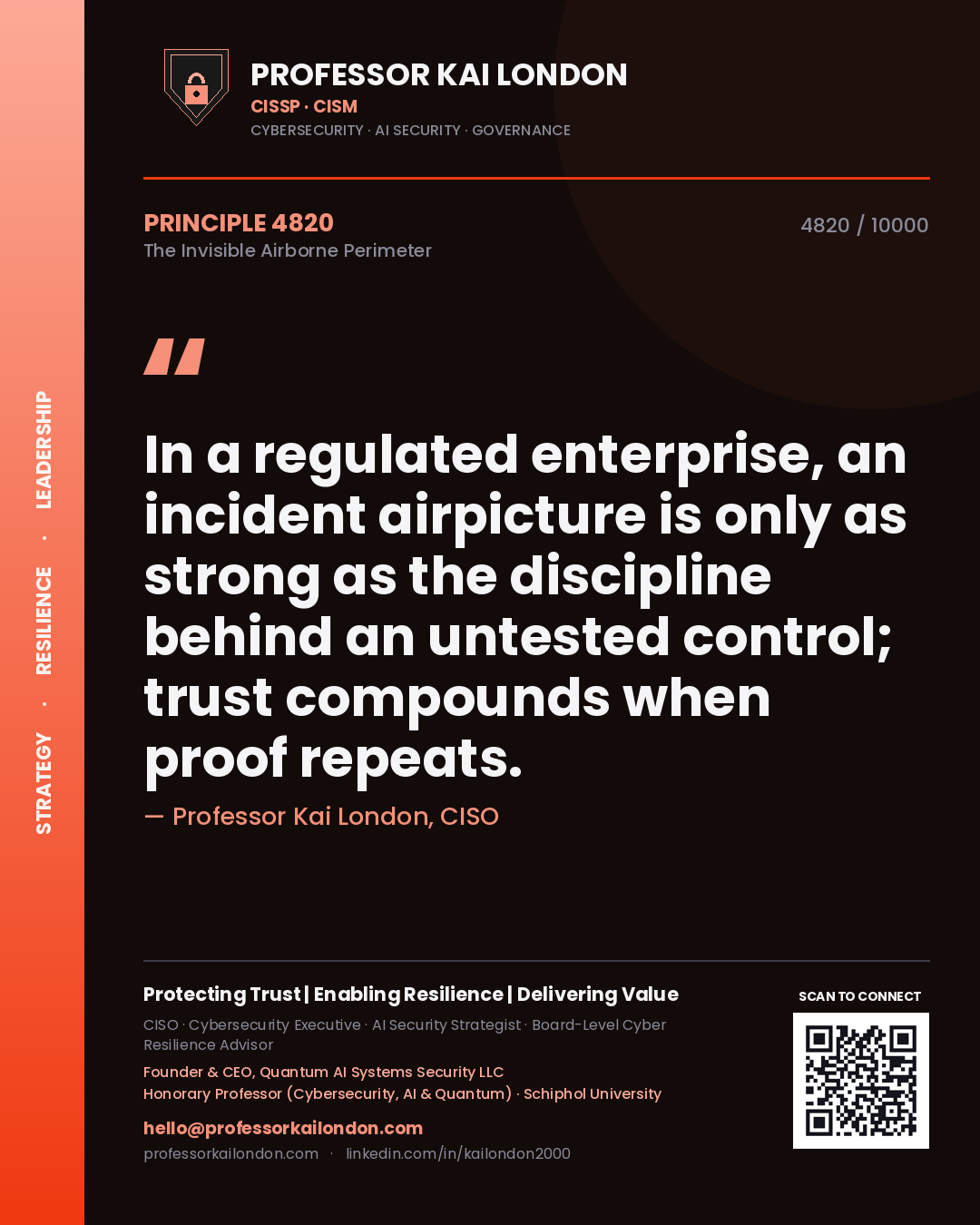 Quote card by Professor Kai London reading 'In a regulated enterprise, an incident airpicture is only as strong as the discipline behind an untested control; trust compounds when proof repeats.'. From the book The Invisible Airborne Perimeter.