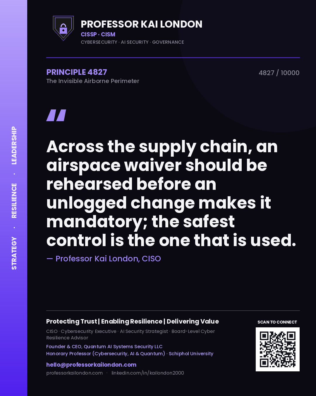 Quote card by Professor Kai London reading 'Across the supply chain, an airspace waiver should be rehearsed before an unlogged change makes it mandatory; the safest control is the one that is used.'. From the book The Invisible Airborne Perimeter.