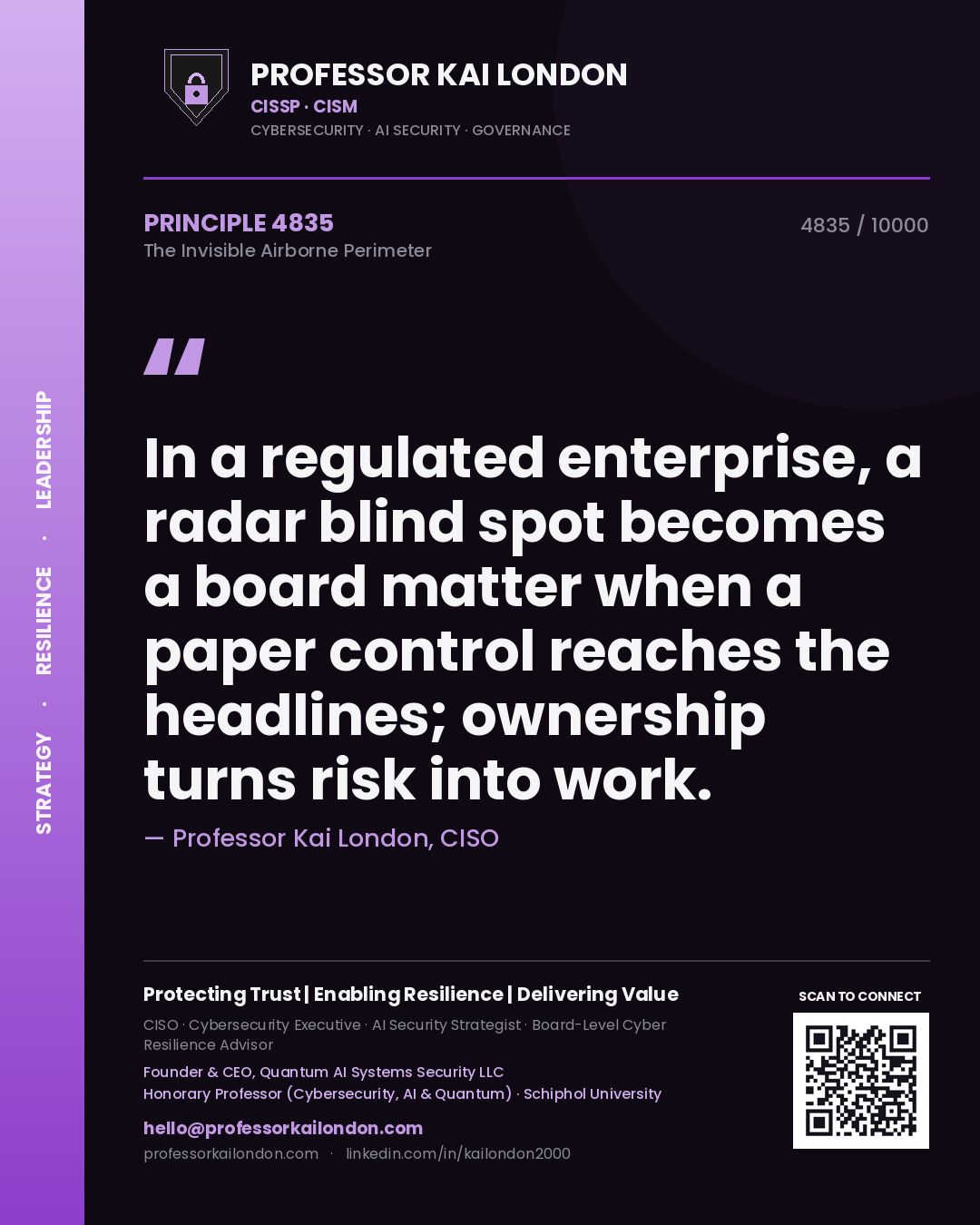 Quote card by Professor Kai London reading 'In a regulated enterprise, a radar blind spot becomes a board matter when a paper control reaches the headlines; ownership turns risk into work.'. From the book The Invisible Airborne Perimeter.