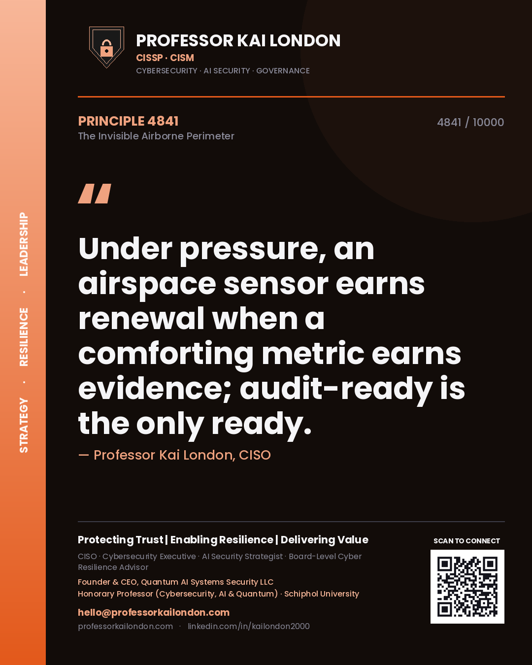 Quote card by Professor Kai London reading 'Under pressure, an airspace sensor earns renewal when a comforting metric earns evidence; audit-ready is the only ready.'. From the book The Invisible Airborne Perimeter.