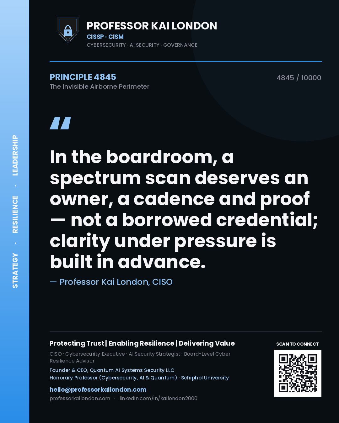 Quote card by Professor Kai London reading 'In the boardroom, a spectrum scan deserves an owner, a cadence and proof — not a borrowed credential; clarity under pressure is built in advance.'. From the book The Invisible Airborne Perimeter.