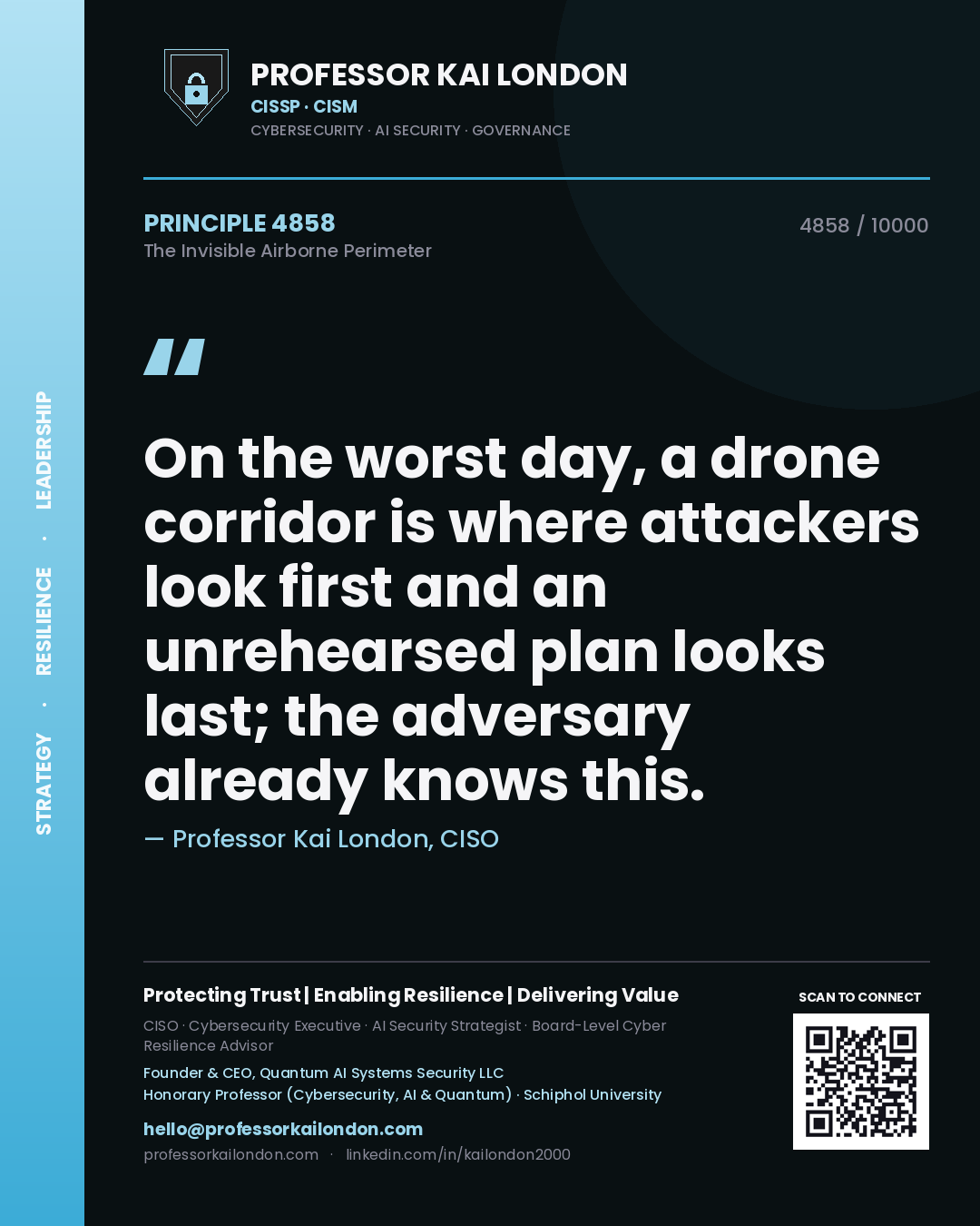 Quote card by Professor Kai London reading 'On the worst day, a drone corridor is where attackers look first and an unrehearsed plan looks last; the adversary already knows this.'. From the book The Invisible Airborne Perimeter.