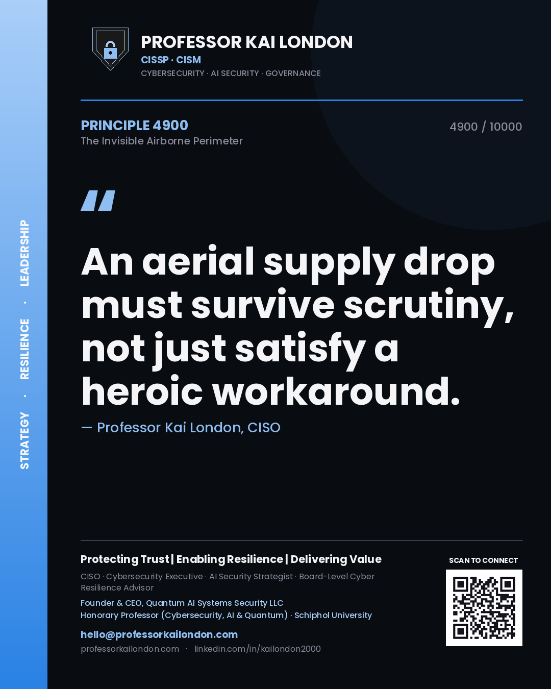 Quote card by Professor Kai London reading 'An aerial supply drop must survive scrutiny, not just satisfy a heroic workaround.'. From the book The Invisible Airborne Perimeter.