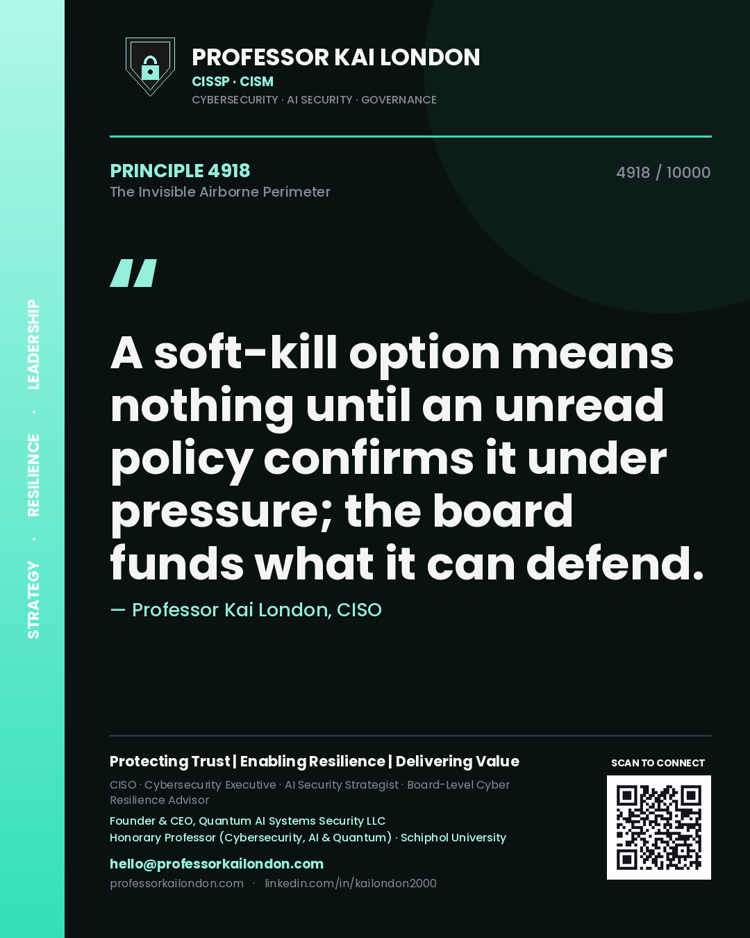 Professor Kai London principle 4918: A soft-kill option means nothing until an unread policy confirms it under pressure; the board funds what it can defend.