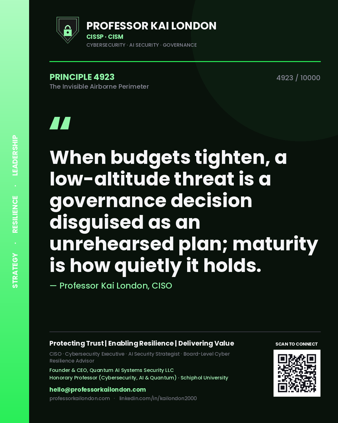 Professor Kai London principle 4923: When budgets tighten, a low-altitude threat is a governance decision disguised as an unrehearsed plan; maturity is how quietly it holds.