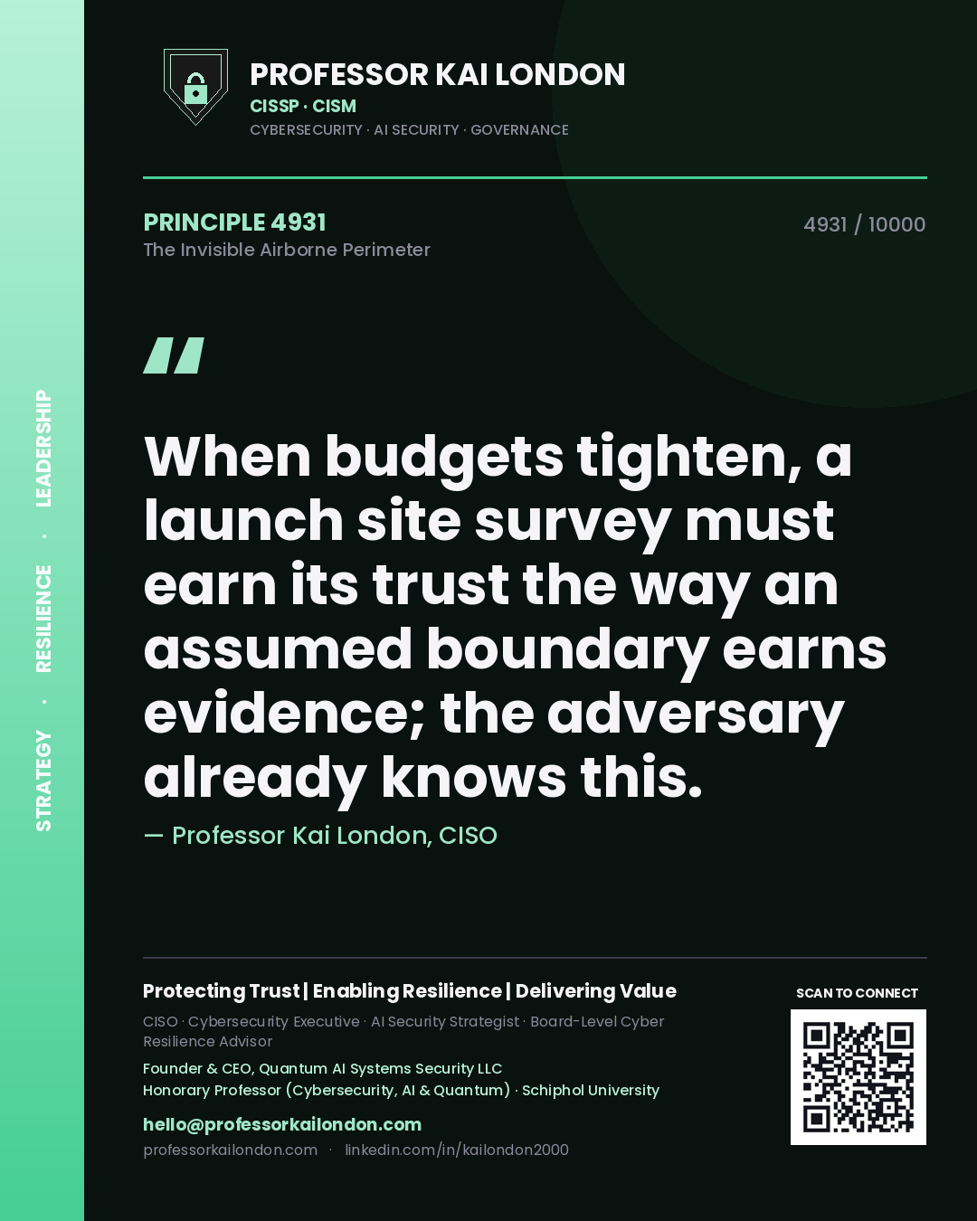 Professor Kai London principle 4931: When budgets tighten, a launch site survey must earn its trust the way an assumed boundary earns evidence; the adversary already knows this.